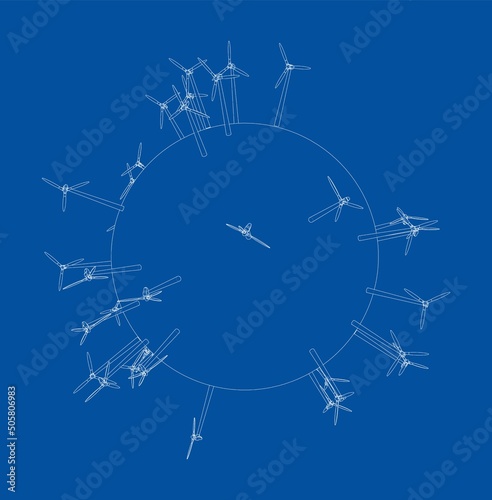 Electric wind turbines on round planet. Vector