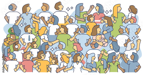 Population crowd and large various social community audiences outline concept. Demography group with multicultural, multiracial and multinational people vector illustration. Different public persons.