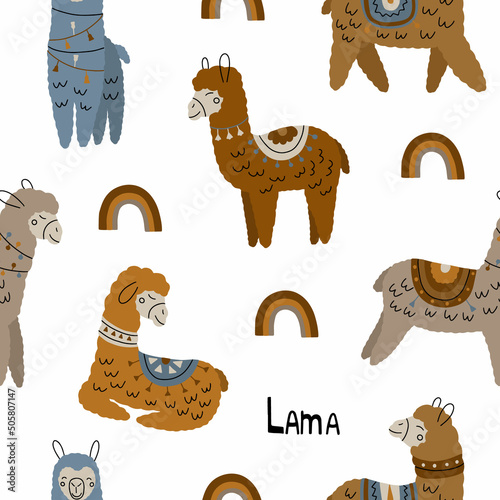 Seamless pattern with cute llamas in different poses. Boho style vector illustration isolated on white background for your design