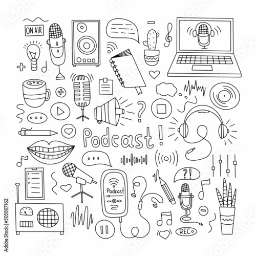 Podcast doodle round badge with electronic symbols, handwritten lettering. Online education concept and decoration. Text and podcasts symbols isolated on white background. Broadcast vector.