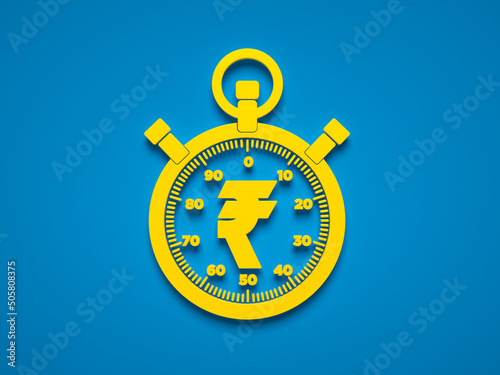 Yellow color rupee symbol and stopwatch icon. On blue color background. Horizontal composition. Isolated with clipping path.