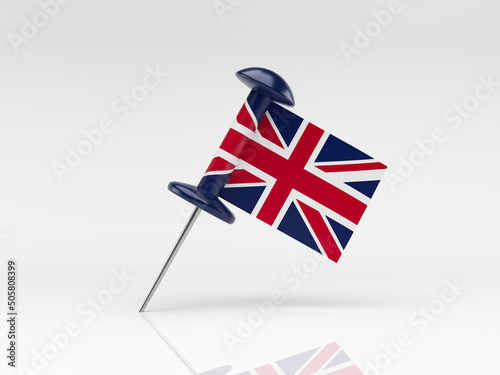 Tiny pin-shaped English flag. On red color background. Horizontal composition.