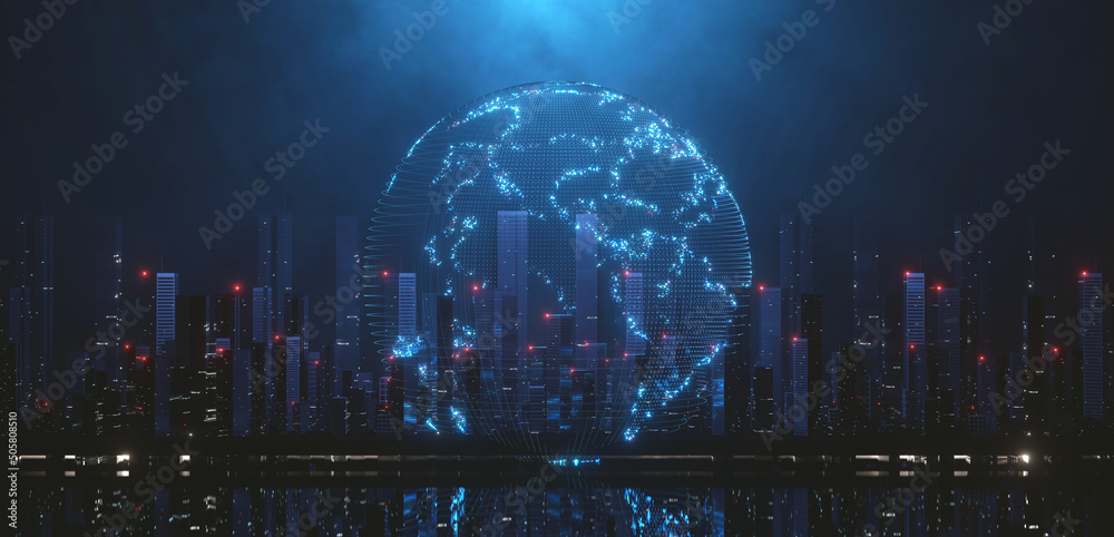 3D Rendering of planet earth hologram over mega city and light reflection  from port at river. Concept for technology, metaverse, abstract virtual  background or wallpaper Stock Illustration | Adobe Stock