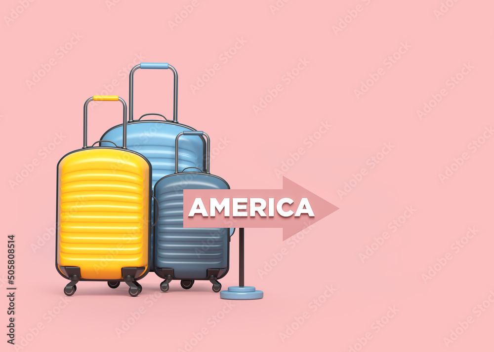 Colorful travel luggage and tiny road signs. On pink coral color background. Horizontal composition. The background is an endless backdrop. Isolated with clipping path.