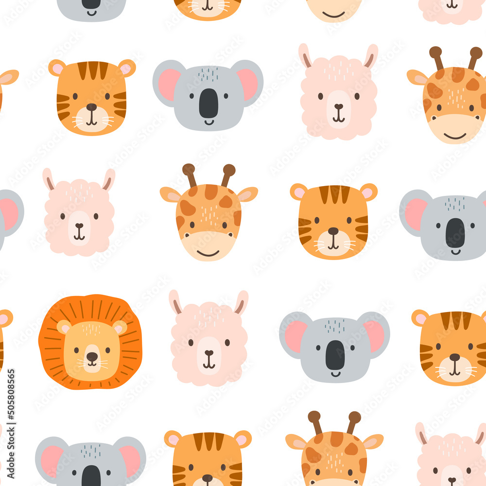 Seamless pattern with cute portrait animals head in cartoon style. Drawing  african baby lion, giraffe and koala faces isolated on white background.  Vector sweet tiger for kids. Jungle animal Stock Vector |