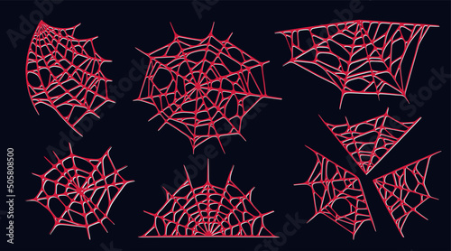 Spider web set isolated on dark background. Spooky Halloween red cobwebs. Outline vector illustration