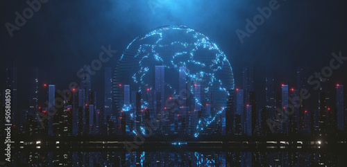 3D Rendering of planet earth hologram over mega city and light reflection from port at river. Concept for technology, metaverse, abstract virtual background or wallpaper