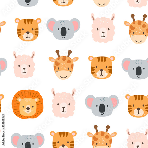 Fototapeta Naklejka Na Ścianę i Meble -  Seamless pattern with cute portrait animals head in cartoon style. Drawing african baby lion, giraffe and koala faces isolated on white background. Vector sweet tiger for kids. Jungle animal