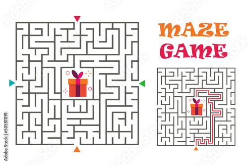 Square maze labyrinth game for kids. Logic conundrum. Four entrance and one right way to go. Vector flat illustration