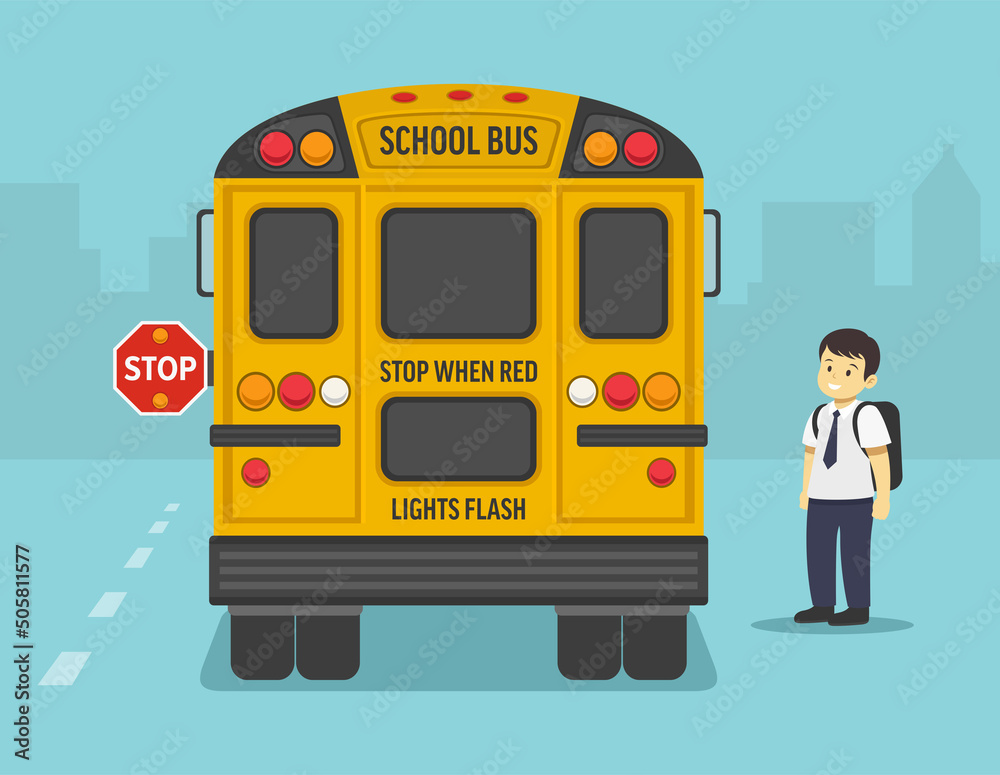 Going to school on yellow school bus. Back view of a yellow bus on the city road. School kid is going to get into the bus. Flat vector illustration template.