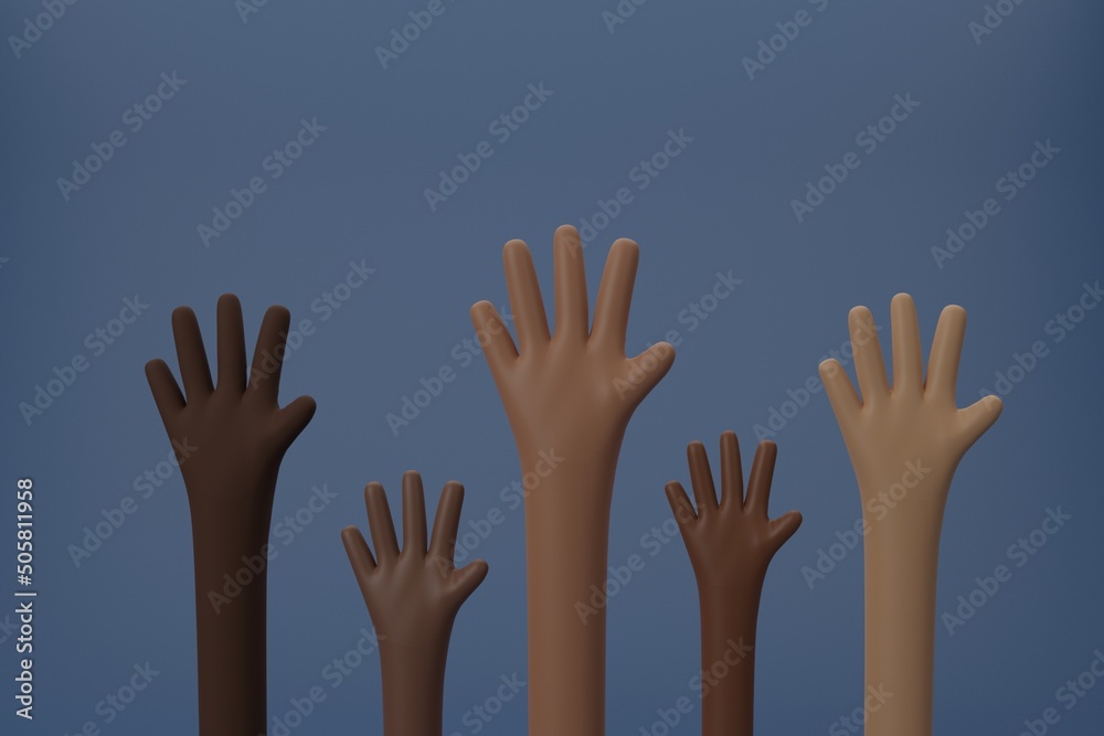 Raised hands of different race skin color,black history month, brown skin, prejudice discrimination activism, african american, people of color. Diversity concept. 3D Rendering illustration. Raised hands of different race skin color,black history month, brown skin, prejudice discrimination activism, african american, people of color. Diversity concept. 3D Rendering illustration.
