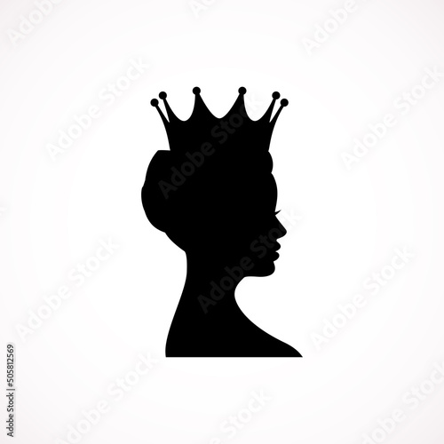 Princess or Queen Profile Silhouette with Crown on Head, Monochrome   Portrait of Royal Person , Black White Cute Girl Weraring Tiara Side View, Retro  Flat Vector Illustration