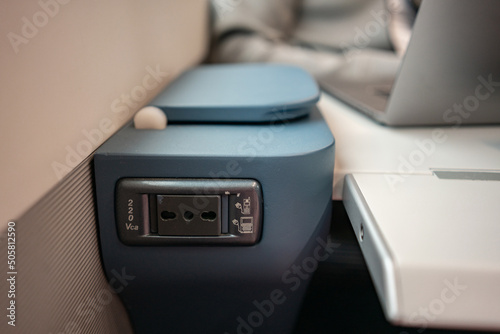 Socket with socket in European train. High quality photo photo