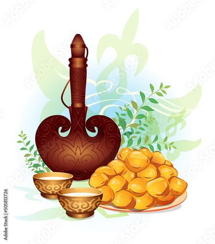 Postcard with Nauryz holiday Kazakhstan. Utensils for koumiss, baursak bread, a bowl, national cup. Clipart Vector illustration photo