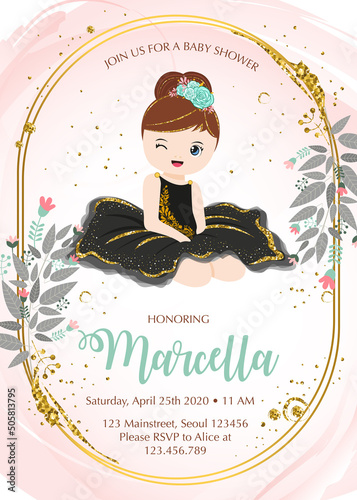 Baby shower invitation with cute ballerina