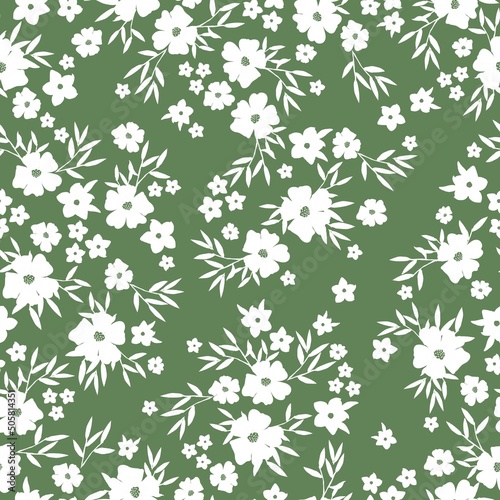 Simple vintage pattern. white flowers and leaves. green background. Fashionable print for textiles, wallpaper and packaging.