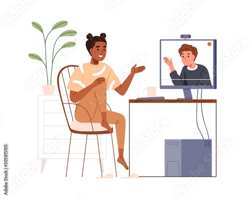 Kids chatting via internet. Children friends talking at virtual online video call. Girl speaking to boy on computer screen. Remote communication. Flat vector illustration isolated on white background