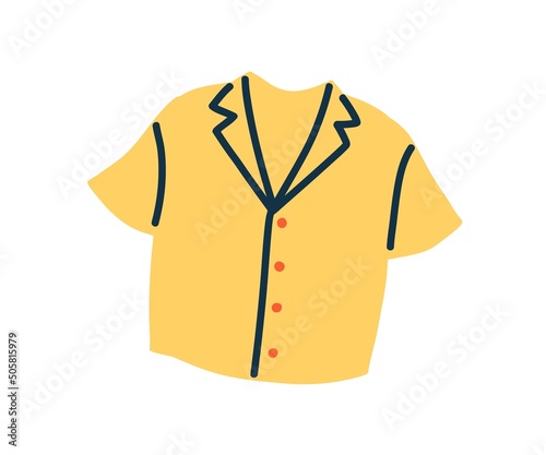 Summer blouse with short sleeves and buttons. Fashion women clothes. Modern girls apparel, shirt. Trendy female wearing, garment. Flat vector illustration isolated on white background