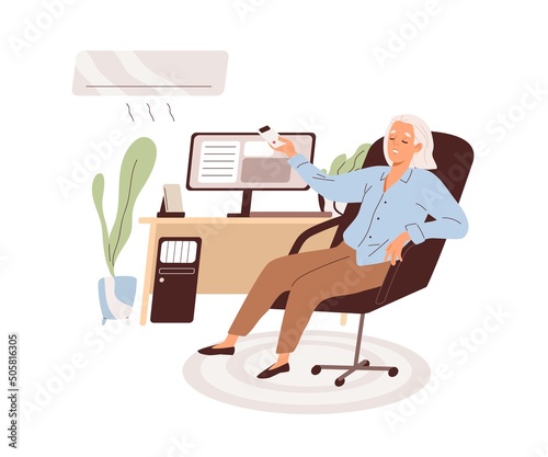 Employee turning on conditioner with remote control for cooling and conditioning hot air, temperature in office. Exhausted worker in heat. Flat graphic vector illustration isolated on white background