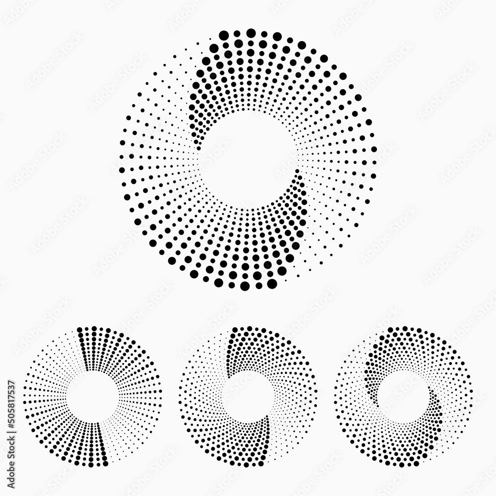 Halftone logo set. Circular dotted logo isolated on the white background. Garment fabric design set. Halftone circle dots texture, pattern, background. Vector design element for various purposes.