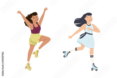 Excited Woman Character Dancing on Roller Skates Vector Illustration Set