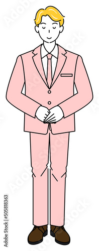 少し頭を下げお辞儀をしているスーツ姿の可愛い男性の全身立ち姿 右手を上にして手を組んでいる イラスト ベクター