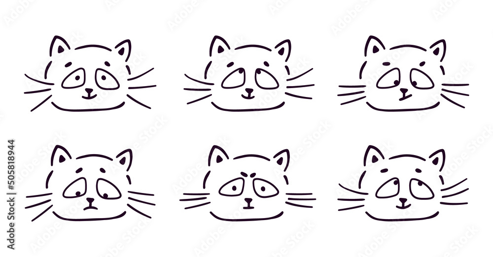 Set of hand-drawn cute cat faces with different emotions.Lineart. Doodle style. Vector kid cliparts with pet.