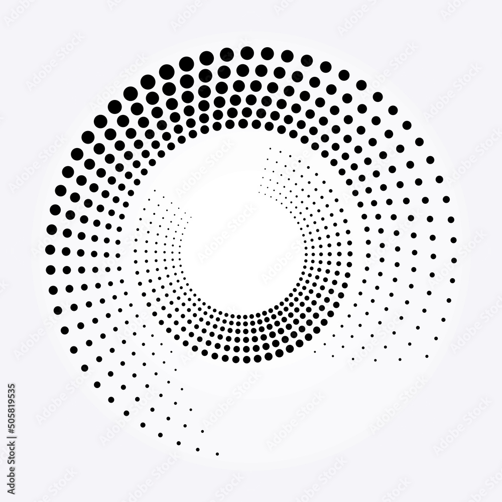 Abstract dotted object. Dotted round logo. Halftone swirl pattern. Halftone dots circle texture. Abstract circle pattern. Vector art illustration. Halftone design element.	