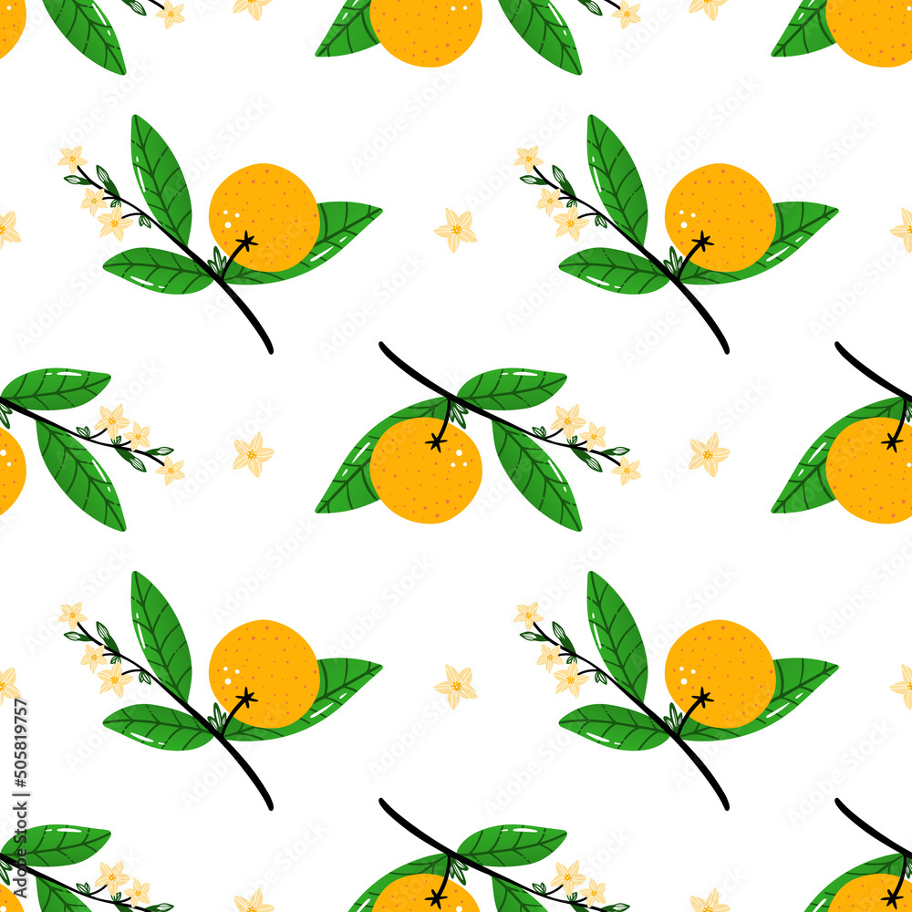 Cute cartoon style orange tree branches with fresh orange fruits, flowers and leaves vector seamless pattern background.
