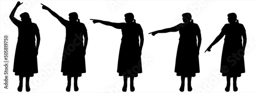 A woman with her hand raised, her finger points in different directions. Specify a direction. Women stand motionless in a row, in one line. Front view. Five black female silhouettes isolated on white