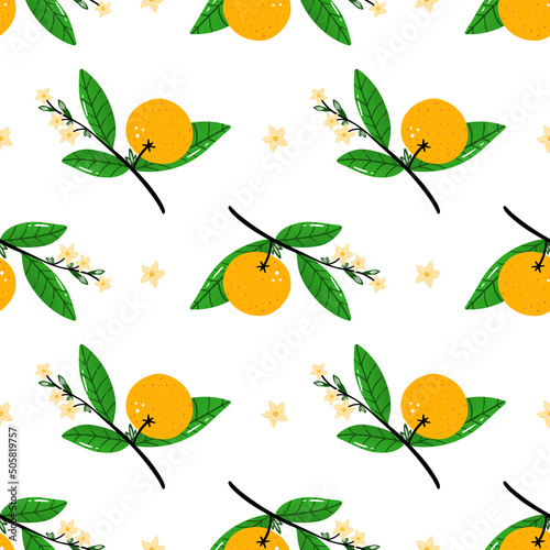 Cute cartoon style orange tree branches with fresh orange fruits, flowers and leaves vector seamless pattern background. 