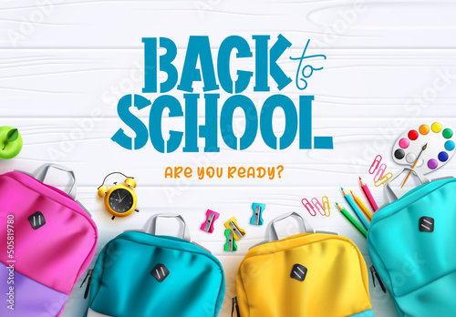 Back to school vector background design. Back to school text with colorful backpack bag and art study elements for educational learning decoration. Vector illustration.
