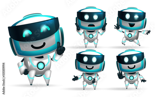 Robot characters vector set design. Robot character collection isolated in white background in standing pose and friendly gestures for modern robotic technology mascot. Vector illustration.
