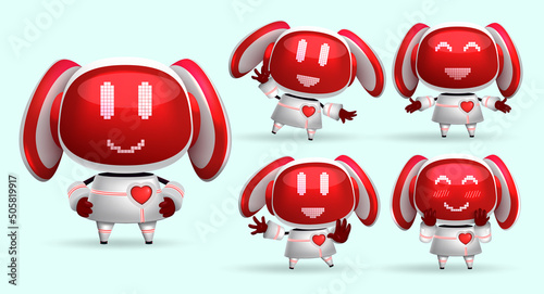 Robots kawaii character vector set. Robotic animal characters with happy faces and cute gesture movement for kids friendly modern toys collection design. Vector illustration.
