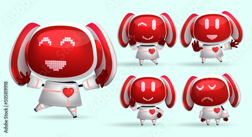 Robots animal character vector set. Robotic girl characters with happy, cute and sad face expression in pixel element for kids friendly kawaii modern cyborg collection design. Vector illustration.
