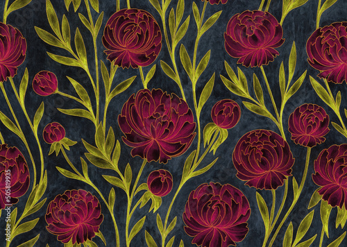 Vintage floral seamless pattern. Watercolor painting bright burgundy peony flowers with golden contours on textured dark gray background. Template for design, textile, wallpaper, bedding, ceramics. photo