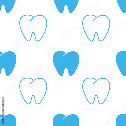 Human tooth seamless pattern. White tooth stroke blue background for dentist