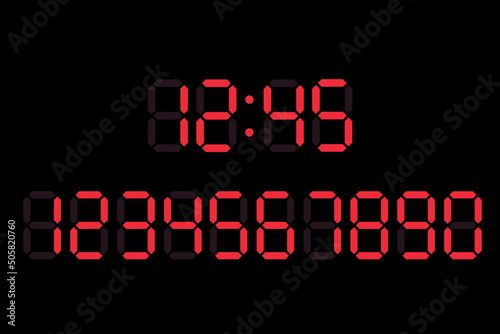 Vector illustration of red digital numbers for digital clock LCD electronic display isolated on black background.  Luminous digital numbers for timer, alarm, digital clock, calculator, screen, monitor