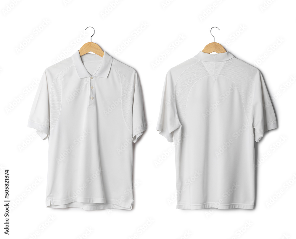 Realistic White sport polo shirt mockup hanging front and back view