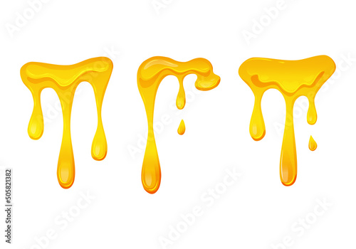 Flowing yellow viscous liquid on a white isolated background. Lemon jelly or honey drops. Cheese. Vector illustration. 