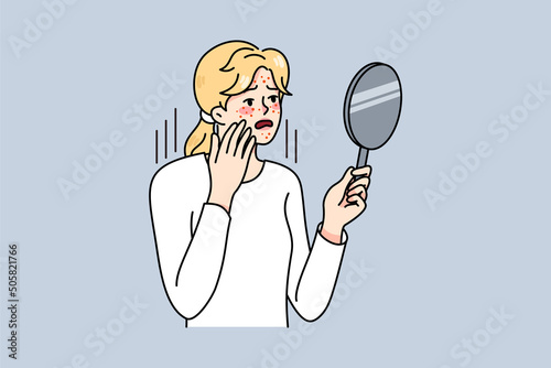 Distressed woman look in mirror worry about acne problems. Unhappy girl stress about pimples, having skincare troubles. Skin healthcare and dermatology. Vector illustration. 