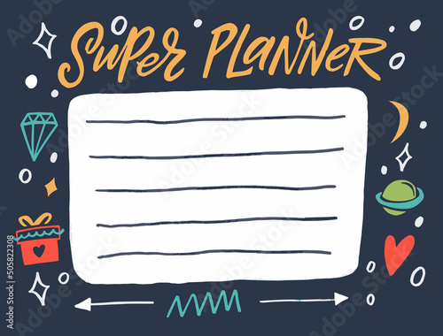 Hand drawn super planner abstract cover. Colorful cartoon kids style.