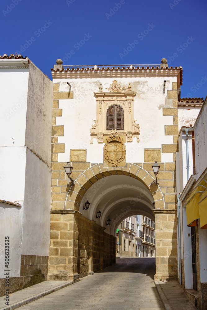 Arco de la Concepcion, historical landmark built in the 17th century, gate of the walled city Alcántara, Spain