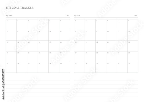 Note, scheduler, diary, calendar planner document template illustration. Goal tracker.