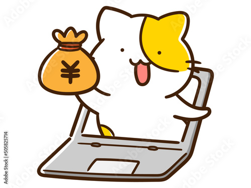 オンラインでお金の管理をするかわいいねこの手書き風イラスト