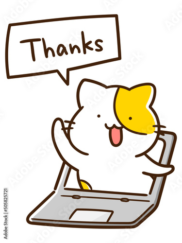 オンライン上で感謝を伝えるかわいいねこの手書き風イラスト