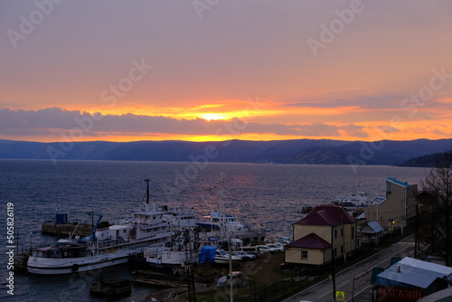 Sunset over Lake Baikal, Listvyanka village, Irkutsk region, Russia © Vasilii