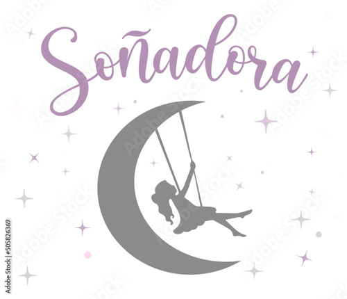 "soñadora" which means "dreamer", letters in Spanish, calligraphy, love, modern calligraphy, dreamer, dreamer in a moon, blue, night