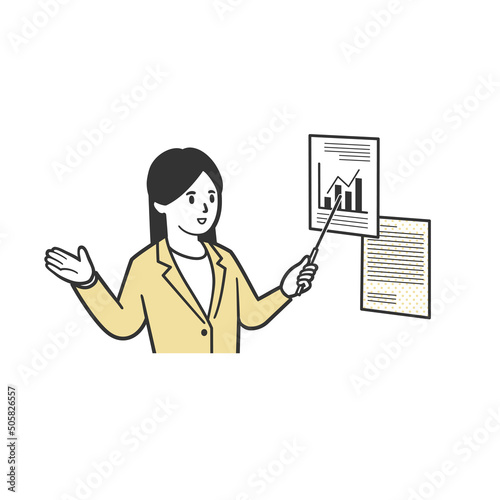指し棒を使って説明する女性