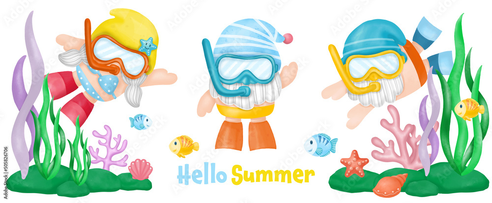 Watercolor Gnomes Diving Summer Clipart Watercolor Gnomes Diving Summer Clipart
